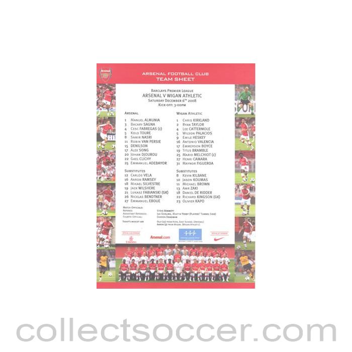 2008 - Arsenal v Wigan Athletic official colour teamsheet 06/12/2008 Premier League