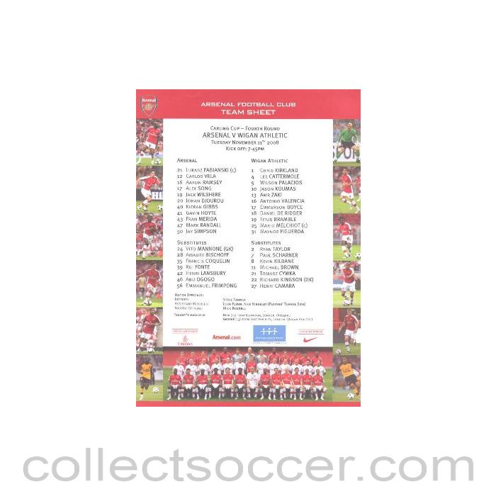 2008 - Arsenal v Wigan Athletic colour printed teamsheet 11/11/2008
