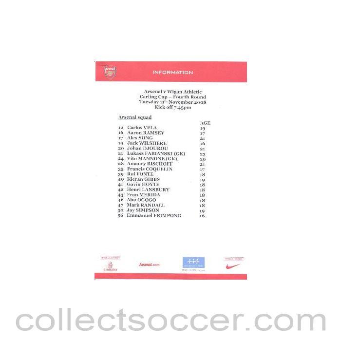 2008 - Arsenal v Wigan Athletic Arsenal produced colour printed press pack with biographies of players 11/11/2008