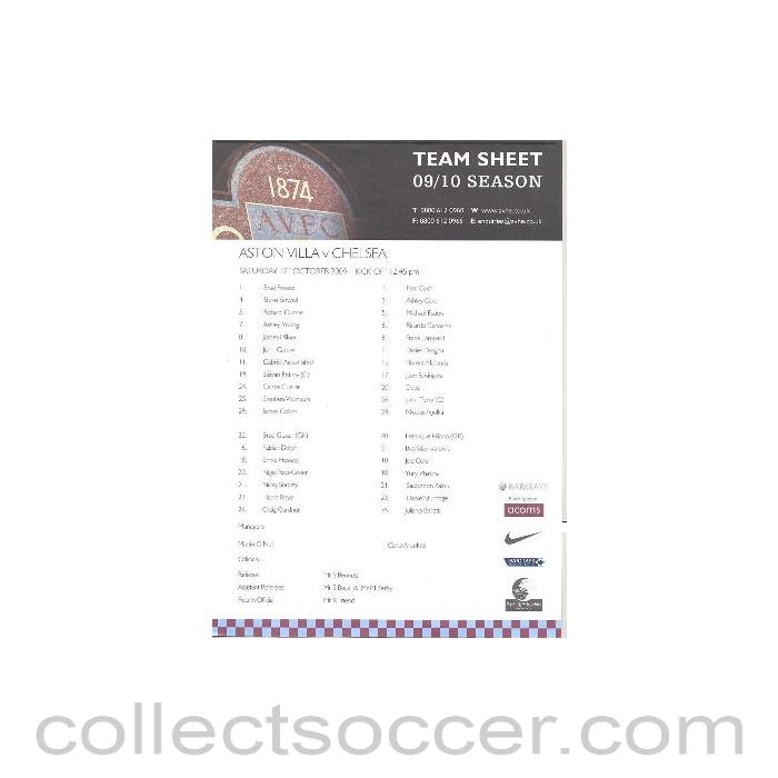 2009 - Aston Villa v Chelsea colour teamsheet 17/10/2009