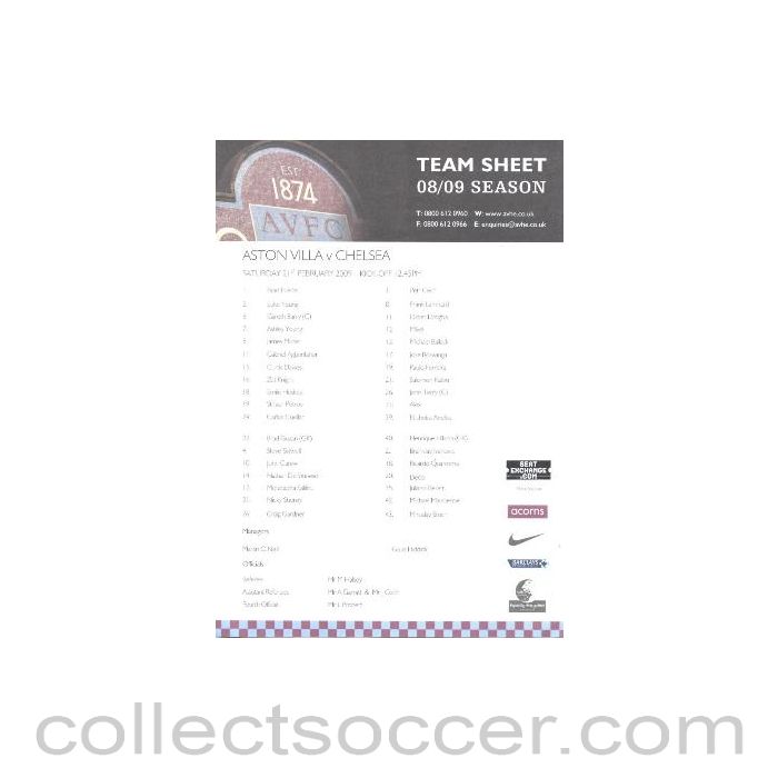 2009 - Aston Villa v Chelsea official colour printed teamsheet 21/02/2009