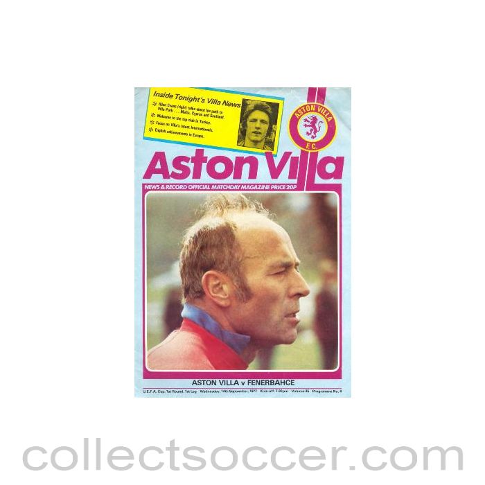 1977 - Aston Villa v Fenerbahce official programme 14/09/1977 UEFA Cup