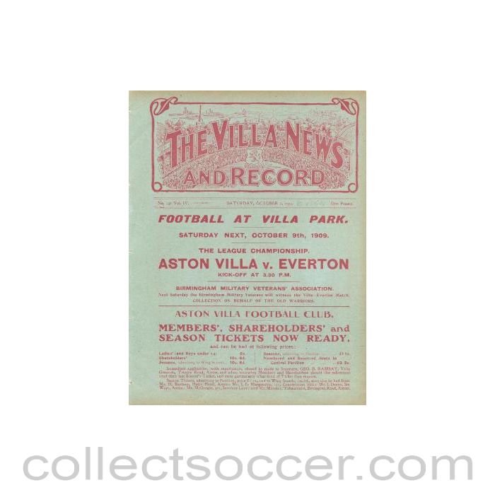 1909 - Aston Villa Reserves v Stoke official programme 02/10/1909