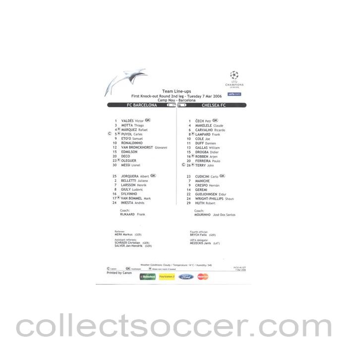 2006 - Barcelona v Chelsea official colour teamsheet 07/03/2006 Champions League