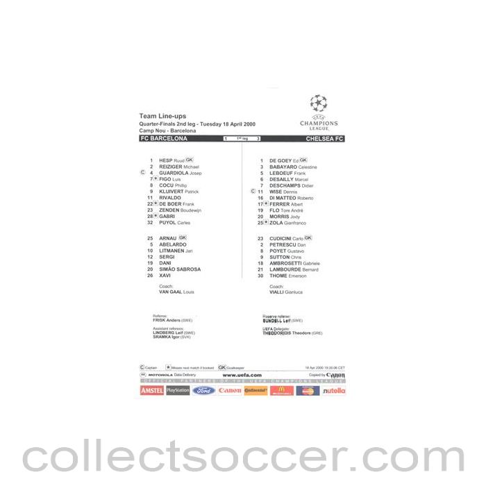 2000 - Barcelona v Chelsea official colour teamsheet 18/04/2000 Champions League