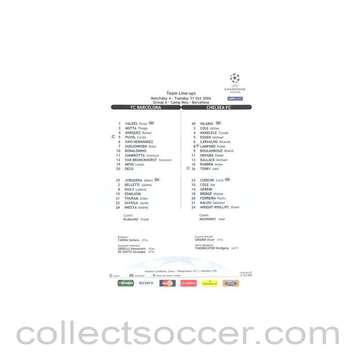 2006 - Barcelona v Chelsea official colour teamsheet 31/10/2006 Champions League