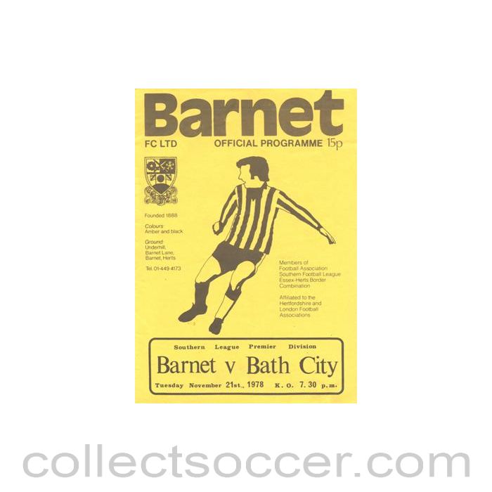 1978 - Barnet v Bath City official programme 21/11/1978 Southern League Premier Division