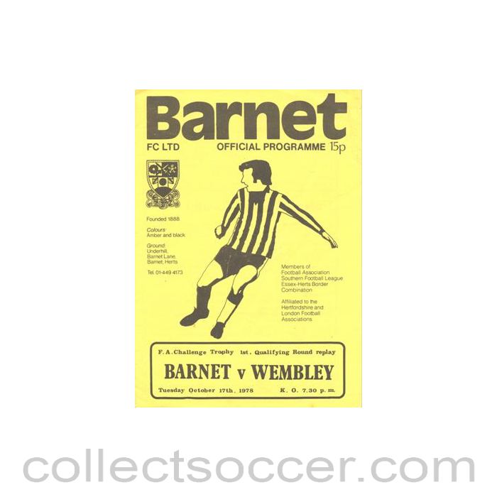1978 - Barnet v Wembley official programme 17/10/1978 F.A. Trophy