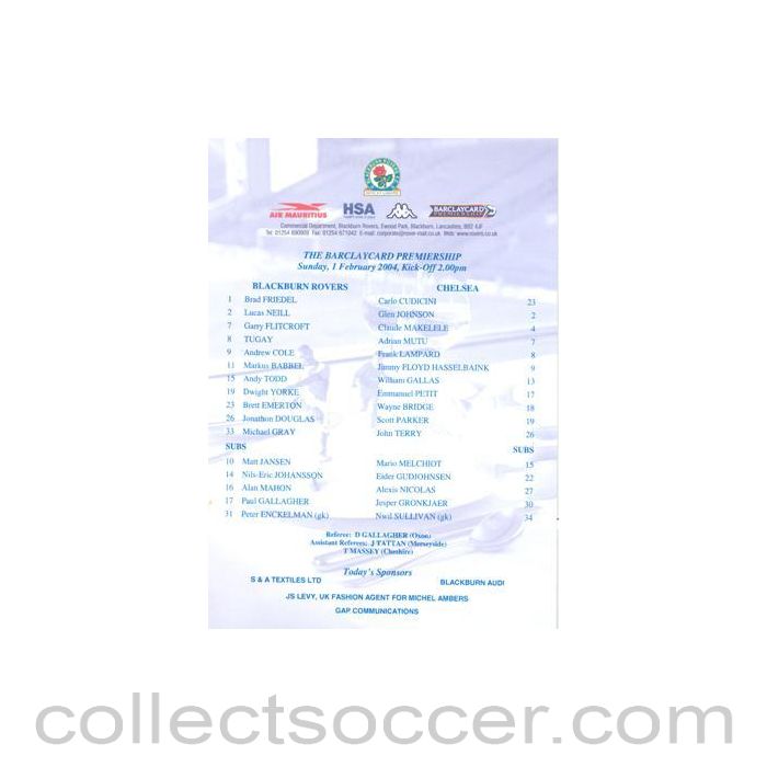 2004 - Blackburn Rovers v Chelsea official colour teamsheet 01/02/2004 Premier League