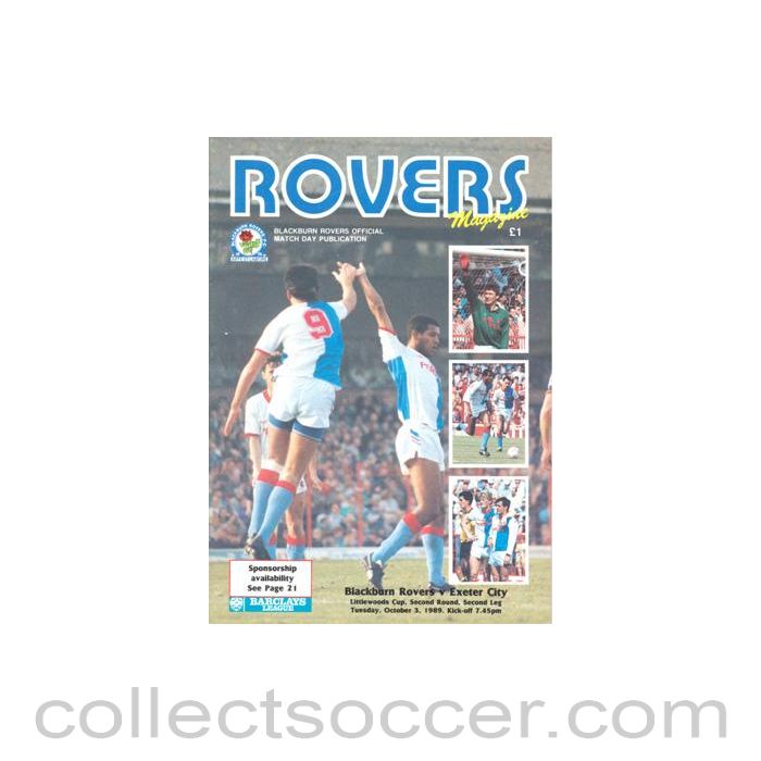 1989 - Blackburn Rovers v Exeter City official programme 03/10/1989 Littlewoods Cup