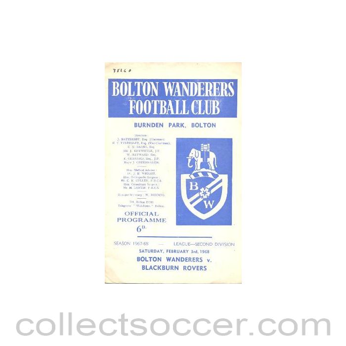 1968 - Bolton Wanderers v Blackburn Rovers official programme 03/02/1968