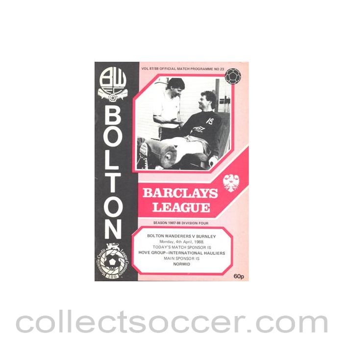 1988 - Bolton Wanderers v Burnley official programme 04/04/1988 Football League