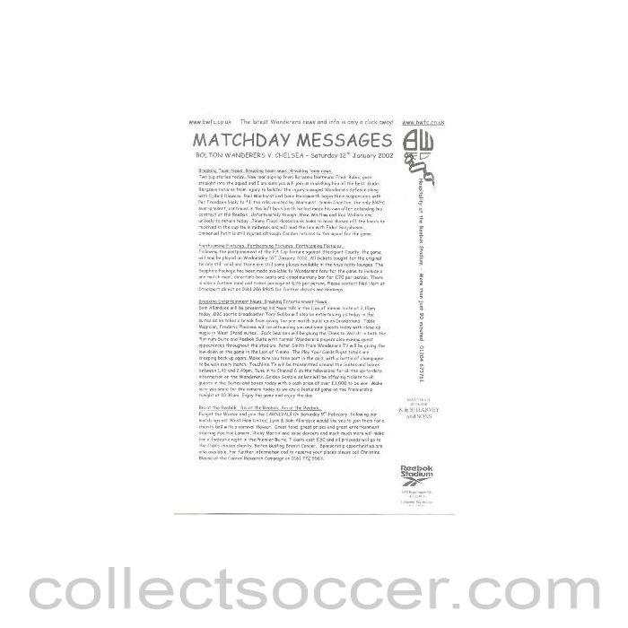 2002 - Bolton Wanderers v Chelsea 12/01/2002 Matchday Messages
