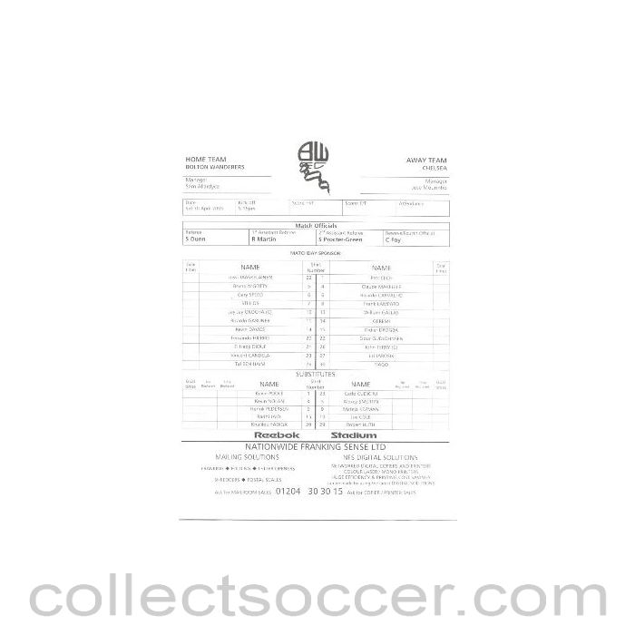 2005 - Bolton V Chelsea Teamsheet 30/04/2005