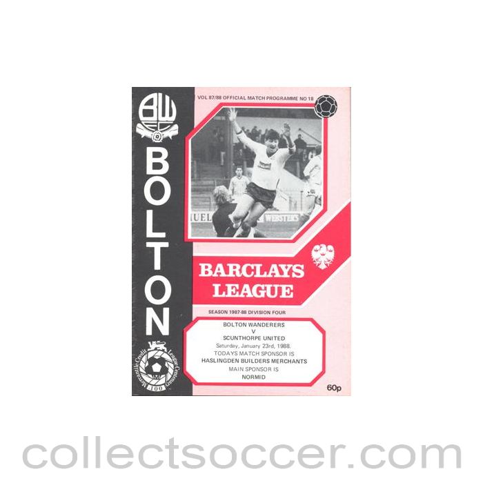 1988 - Bolton Wanderers v Scanthorpe United official programme 23/01/1988 Football League