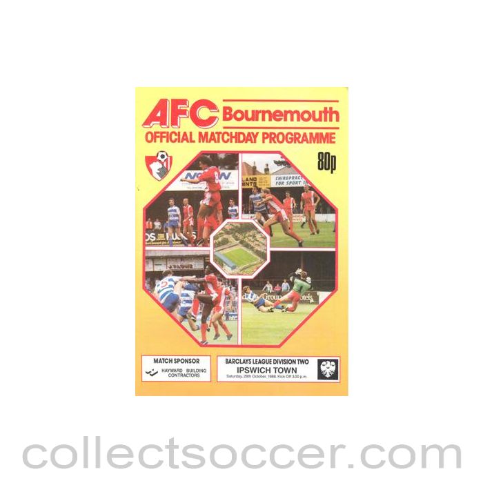 1988 - Bournemouth v Ipswich United official programme 29/10/1988 Football League Cup