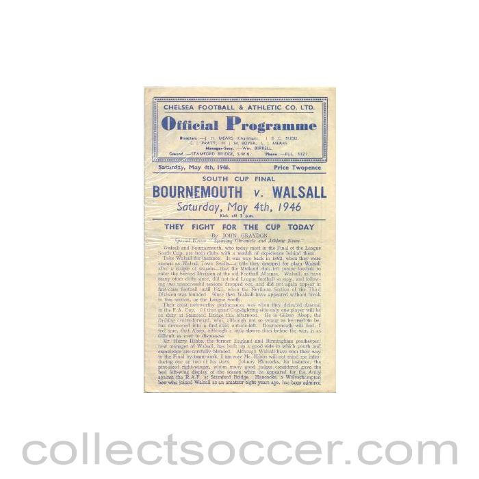 1946 - At Chelsea Bournemouth v Walsall South Cup Final official programme 04/05/1946