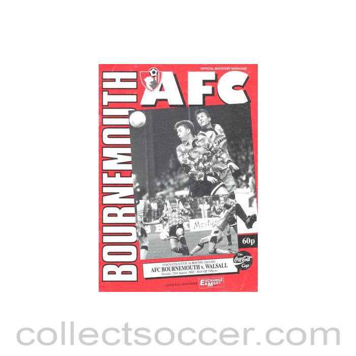 1992 - Bournemouth v Walsall official programme 25/08/1992 Coca Cola Cup