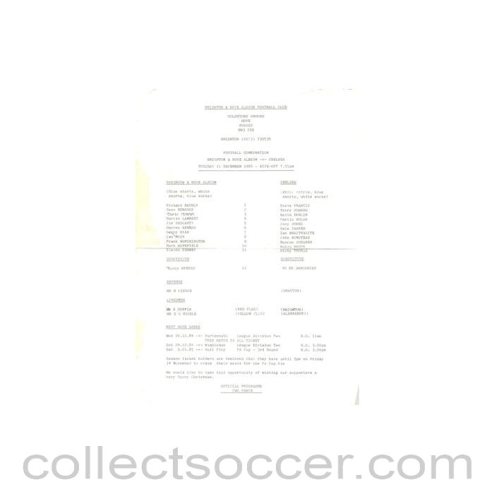 1984 - Brighton v Chelsea Reserves official teamsheet 11/12/1984 Football Combination
