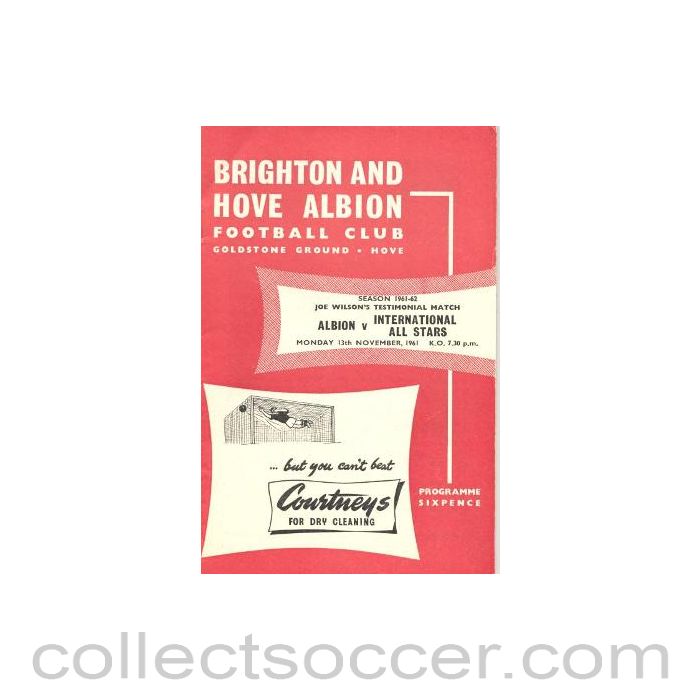 1961 - Brighton & Hove Albion v International All Stars official programme 13/11/1961 Joe Wilson Testimonial