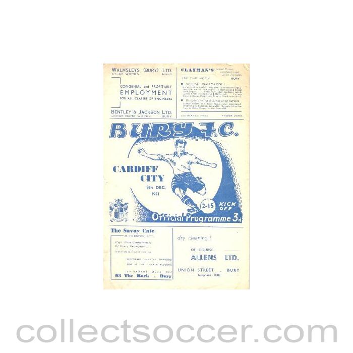 1951 - Bury v Cardiff City official programme 08/12/1951