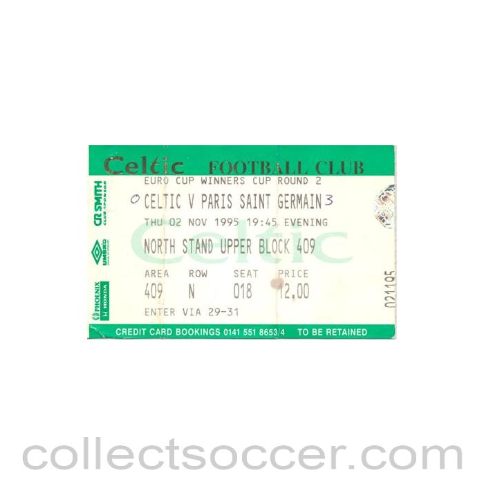 1995 - Celtic v Paris Saint-Germain ticket 02/11/1995 Cup Winners Cup