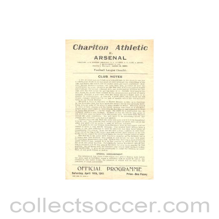 1945 - Charlton Athletic v Arsenal official programme 14/04/1945
