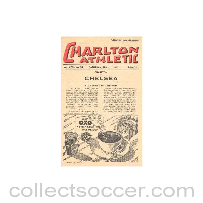 1947 - Charlton Athletic vChelsea official programme 01/02/1947