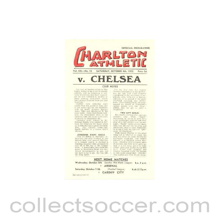 1952 - Charlton Athletic v Chelsea official programme 04/10/1952