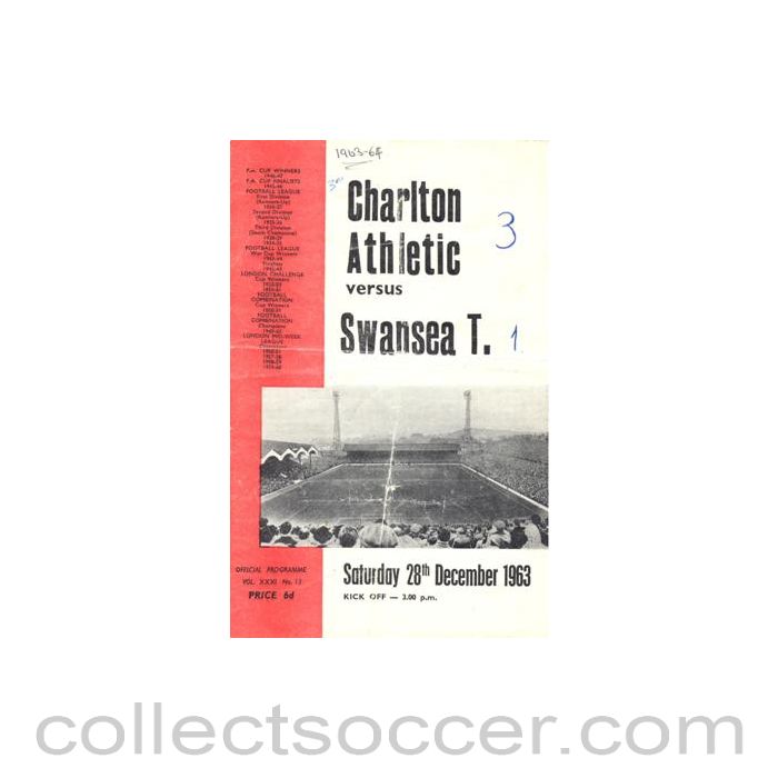 1963 - Charlton Athletic v Swansea Town official programme 28/12/1963
