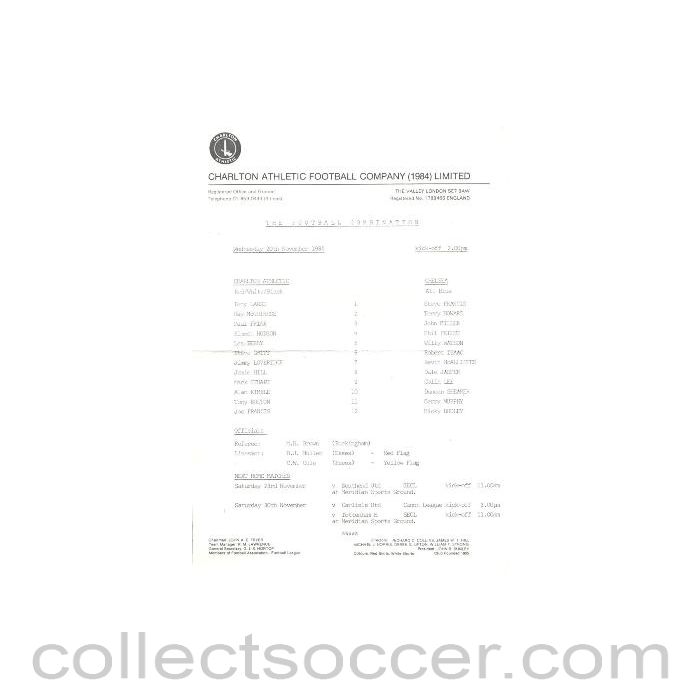 1985 - Charlton Athletic Reserves vChelsea Reserves official programme 20/11/1985