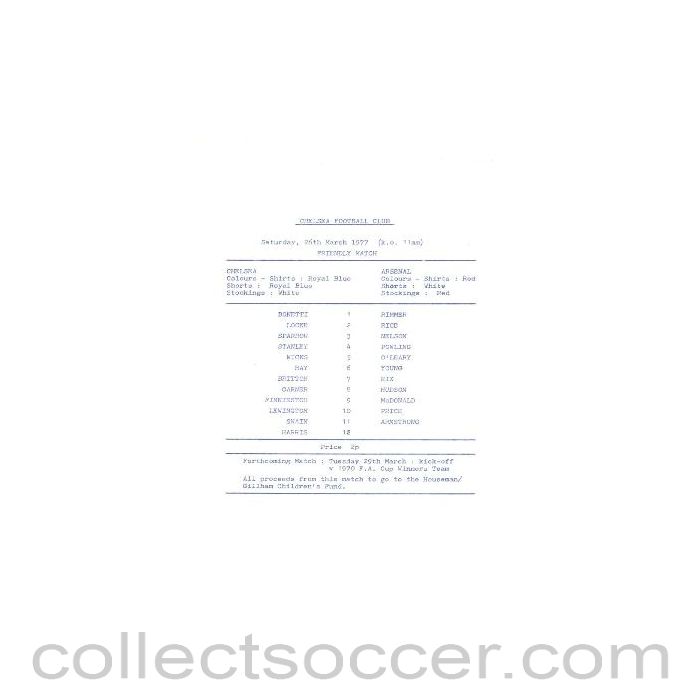 1977 - Chelsea v Arsenal official teamsheet 26/03/1977 friendly match