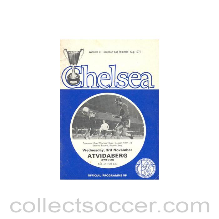 1971 - Chelsea v Atvidaberg, Sweden official programme 03/11/1971 Cup Winners Cup, token missing and hence half price