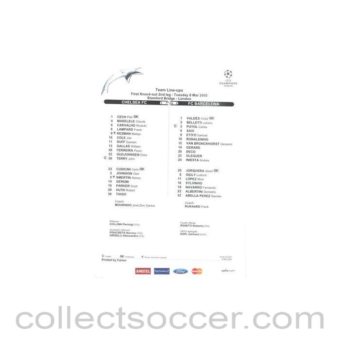 2005 - Chelsea v Barcelona official colour teamsheet 08/03/2005 Champions League