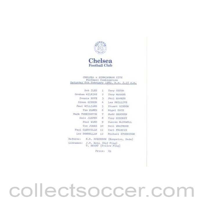 1982 - Chelsea v Birmingham City Reserves official programme 06/02/1982 Football Combination