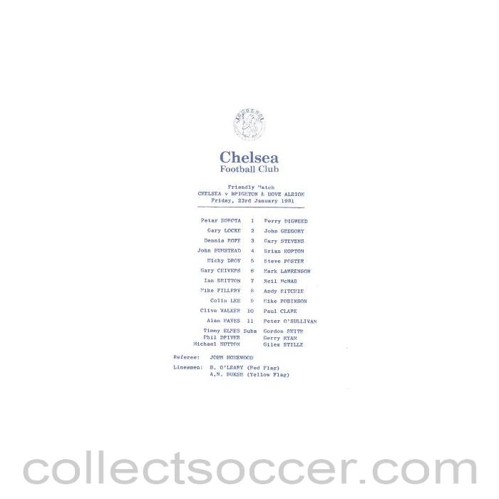 1981 - Chelsea v Brighton & Hove Albion official programme 23/01/1981 friendly match