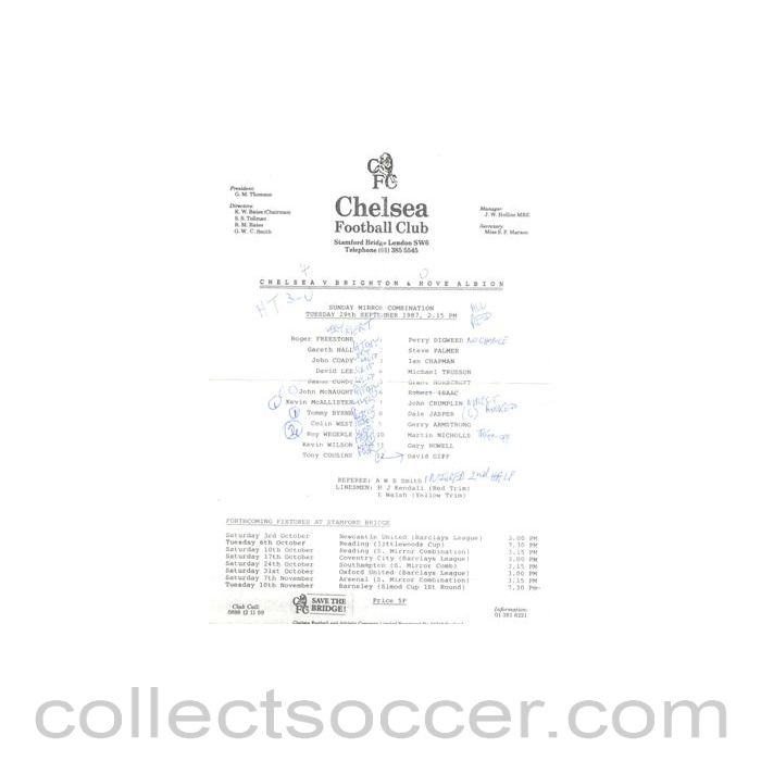 1987 - Chelsea v Brighton Reserves official teamsheet 29/09/1987 Football Combination