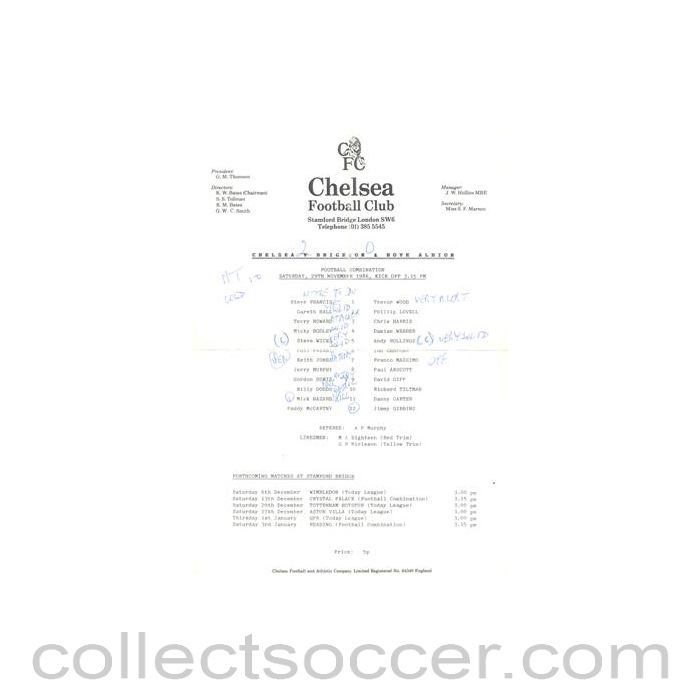 1986 - Chelsea v Brighton Reserves official teamsheet 29/11/1986 Football Combination
