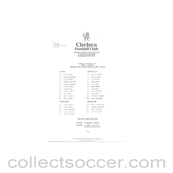 1993 - Chelsea v Coventry City official teamsheet 21/10/1993