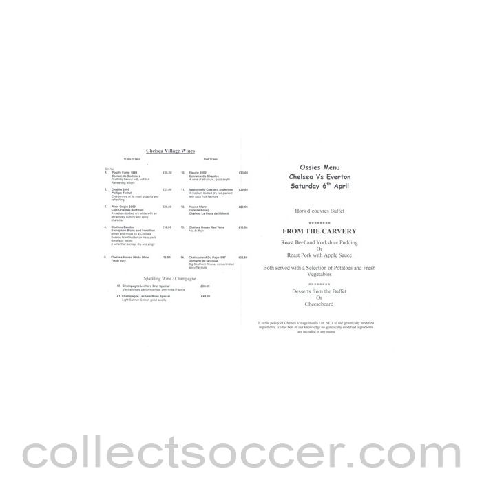 2002 - Chelsea v Everton Ossies menu 06/04/2002 Premier League