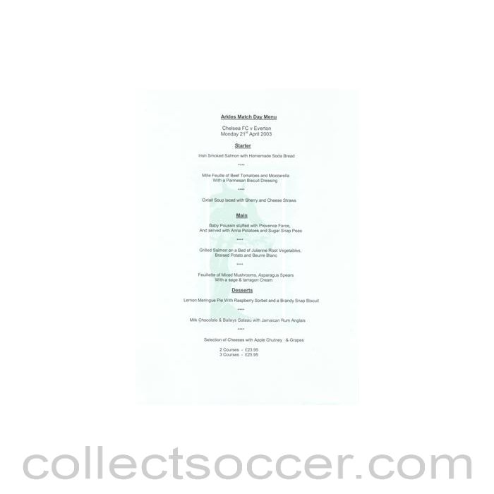 2003 - Chelsea v Everton Arkles menu 21/04/2003