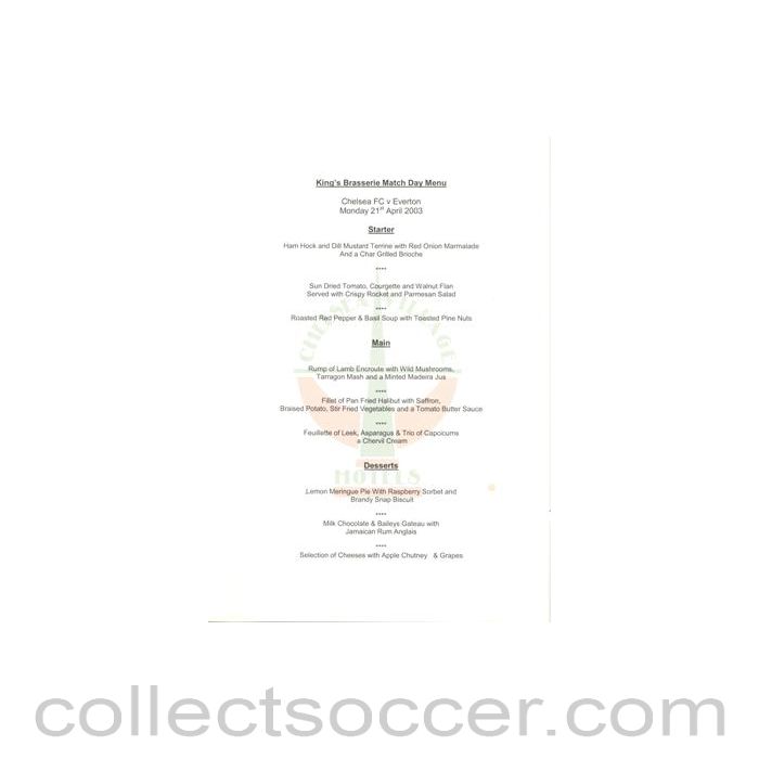 2003 - Chelsea v Everton King's Brasserie menu 21/04/2003
