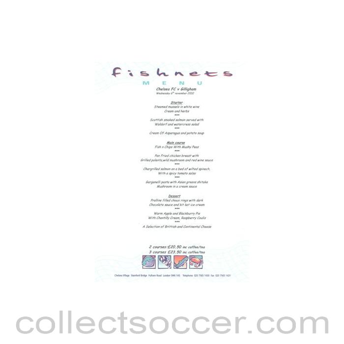 2002 - Chelsea v Gillingham Fishnets menu 06/11/2002