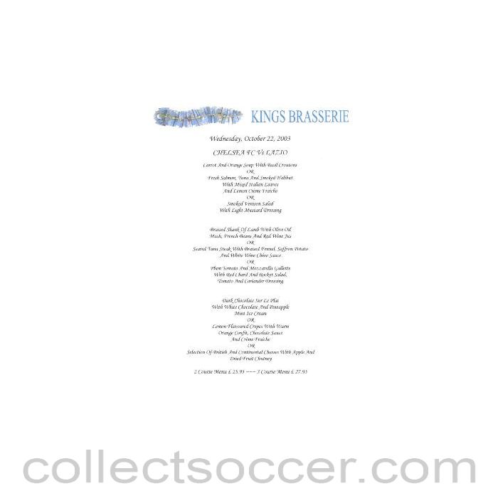 2003 - Chelsea v Lazio Kings Brasserie menu 22/10/2003