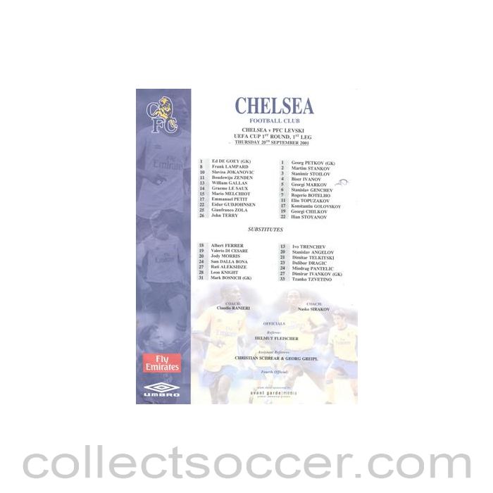 2001 - Chelsea v Levski Sofia Bulgaria official colour teamsheet 20/09/2001 UEFA Cup