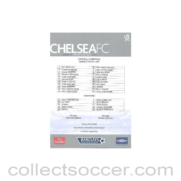 2004 - Chelsea v Liverpool official teamsheet 03/10/2004