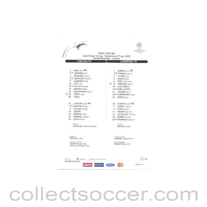 2005 - Chelsea v Liverpool official teamsheet 27/04/2005