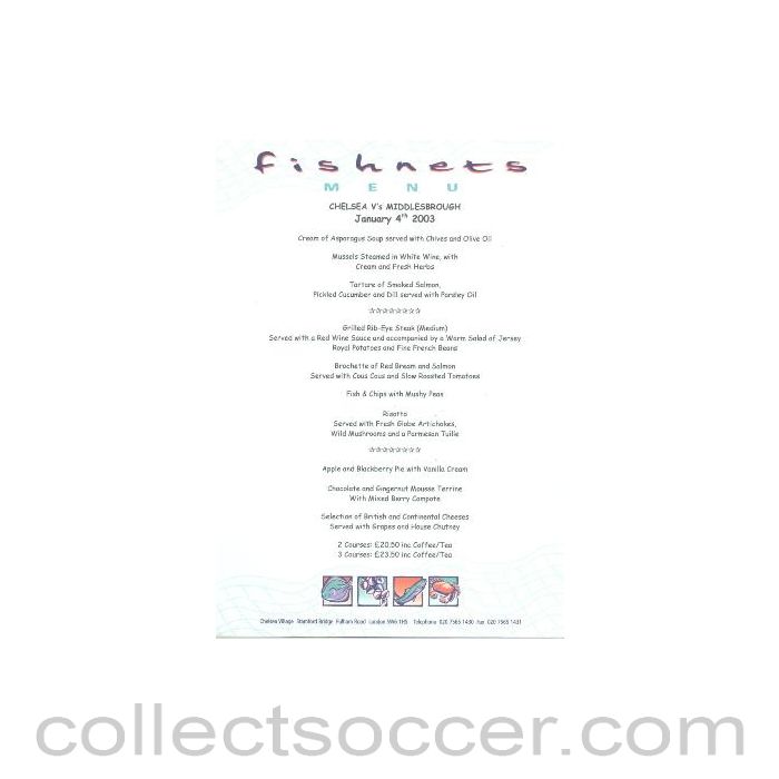 2003 - Chelsea v Middlesbrough menu 04/01/2003
