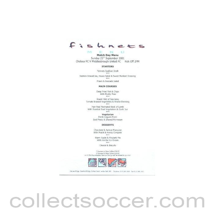 2001 - Chelsea v Middlesbrough United Fishnets colour menu 23/09/2001