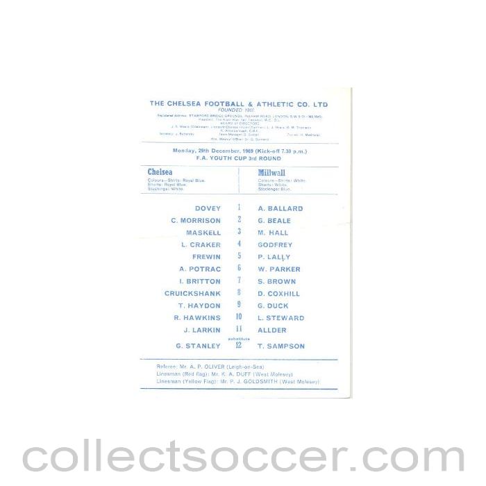 1969 - Chelsea v Millwall official programme 29/12/1969